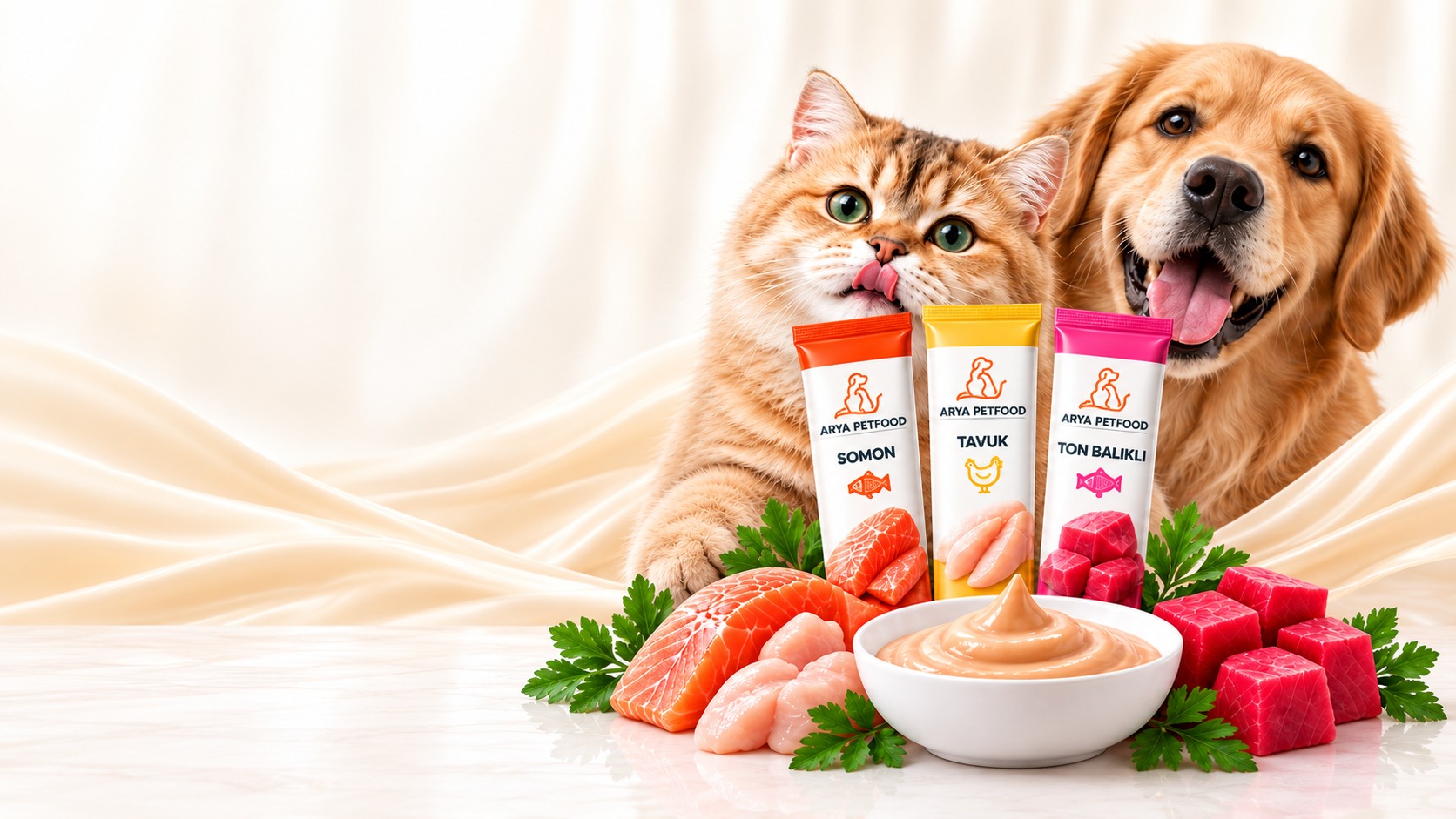 Arya Petfood krema ödül ürünleri: somon, tavuk ve ton balıklı stickler, krema kıvamı ve taze içerikler